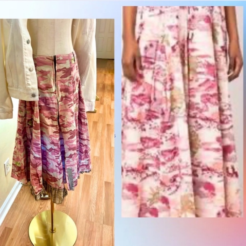 Y2K Pink Camo Patchwork Skirt Boho Reworked Indie Festival Statement Size Small - Picture 7 of 9